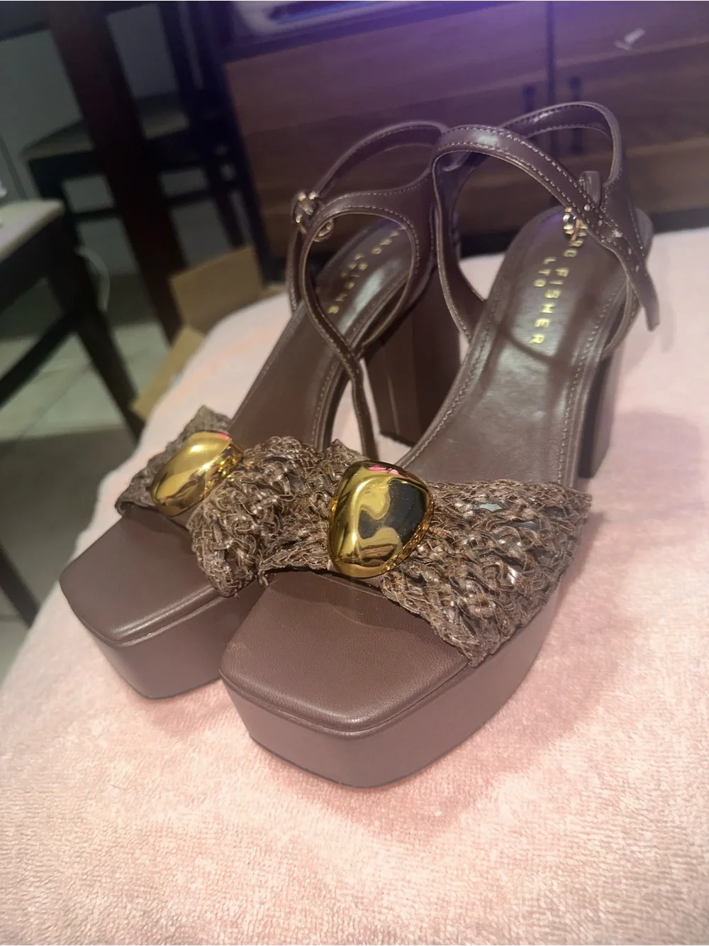 Marc Fisher Dark Brown Braided Platform Sandals with Gold Accent
